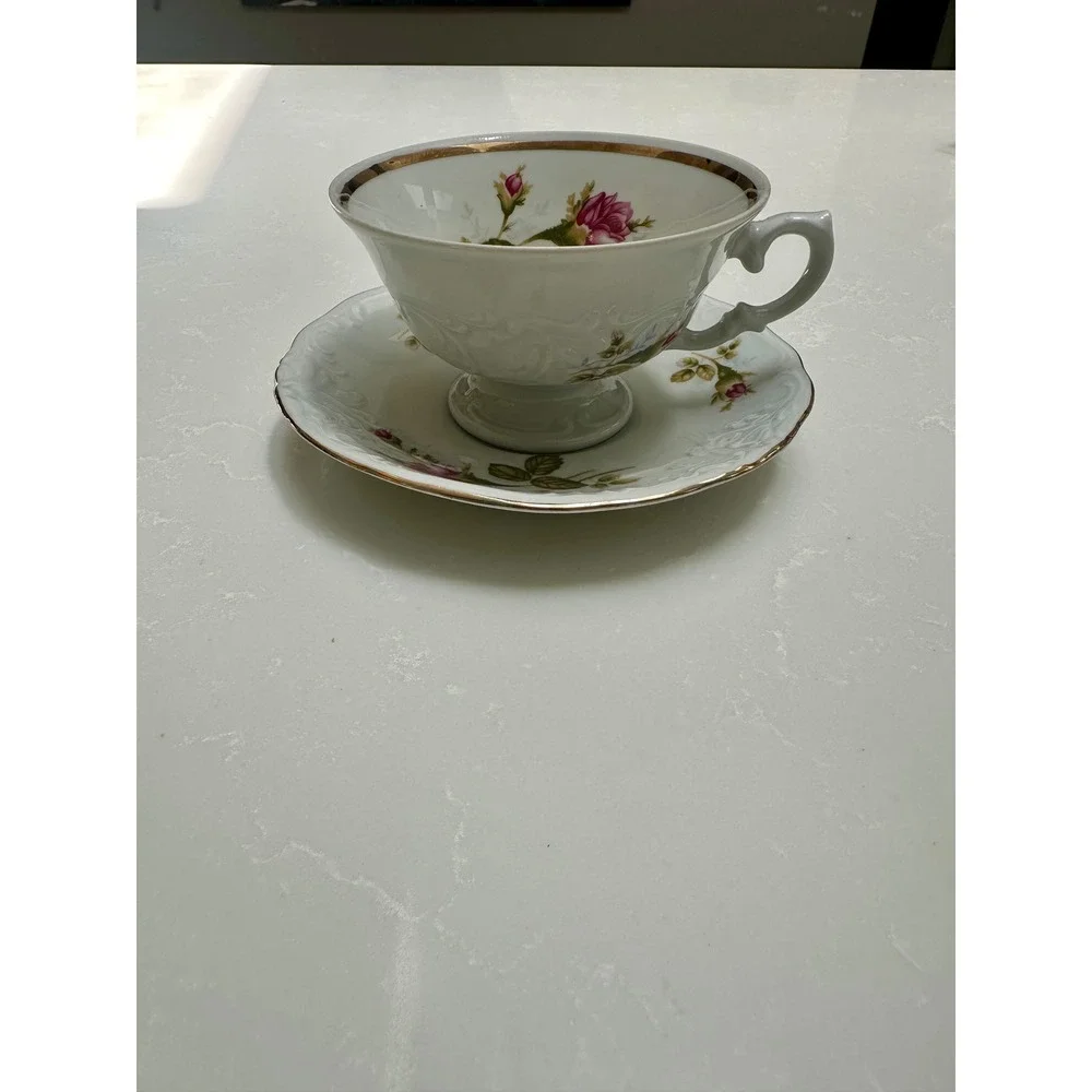 Walbrzych Poland Porcelain Tea Cup and Saucer Set Pink Rose‎ Gold Trim Vintage